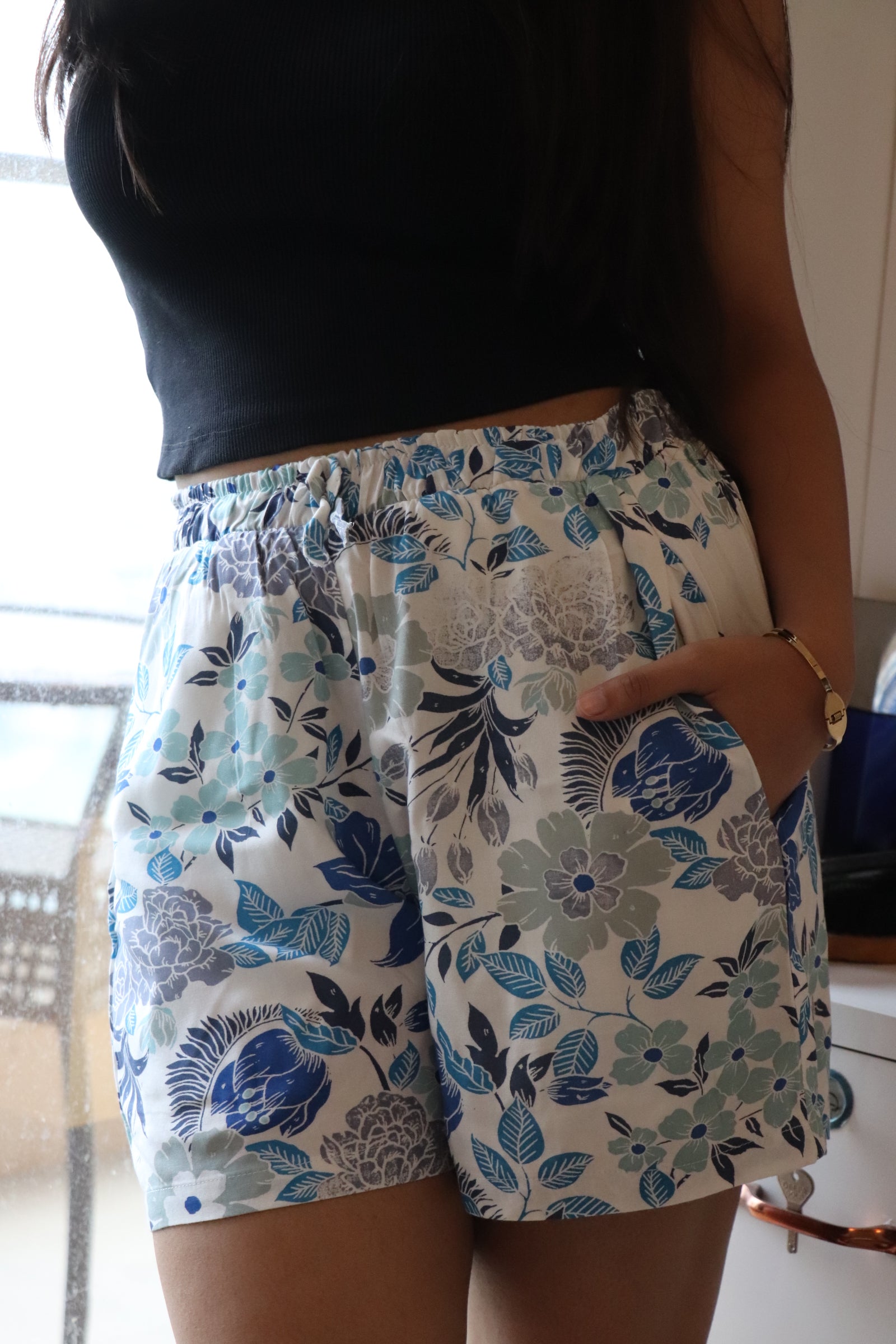 Blue Floral Viscose Shorts
