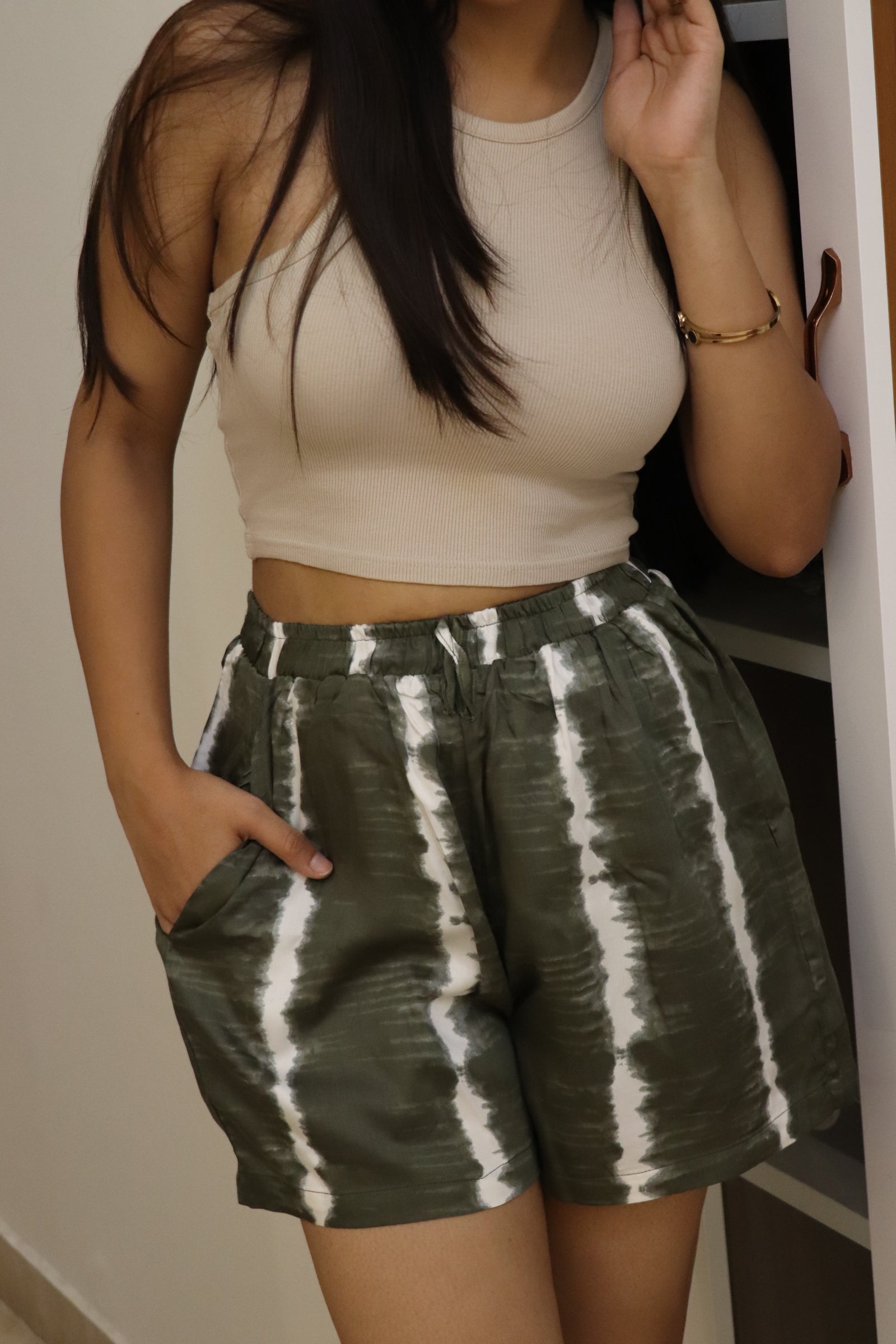 Green White Stripes Viscose Shorts