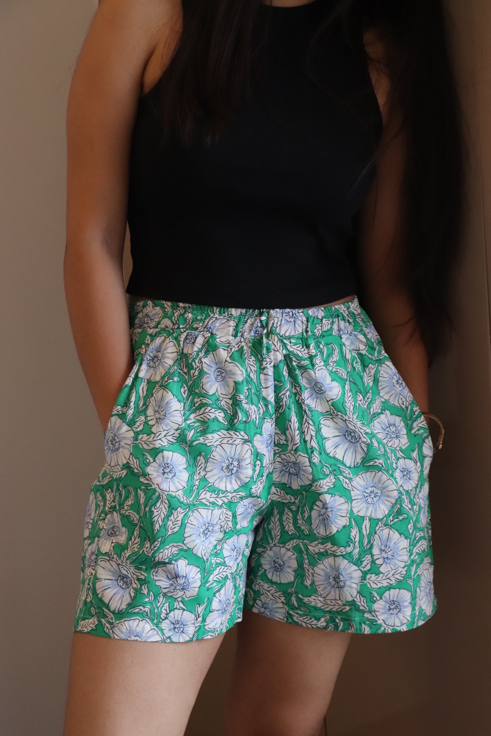 Green Floral Cotton Shorts