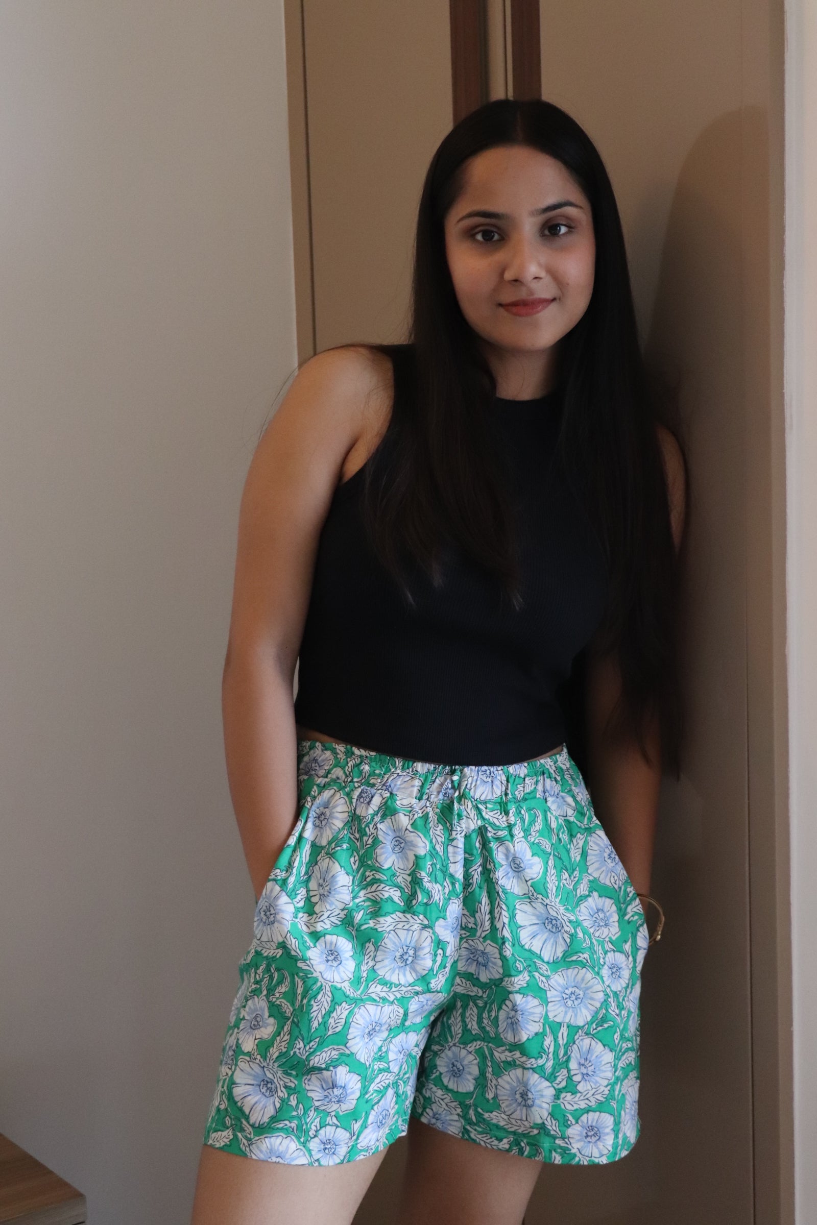 Green Floral Cotton Shorts