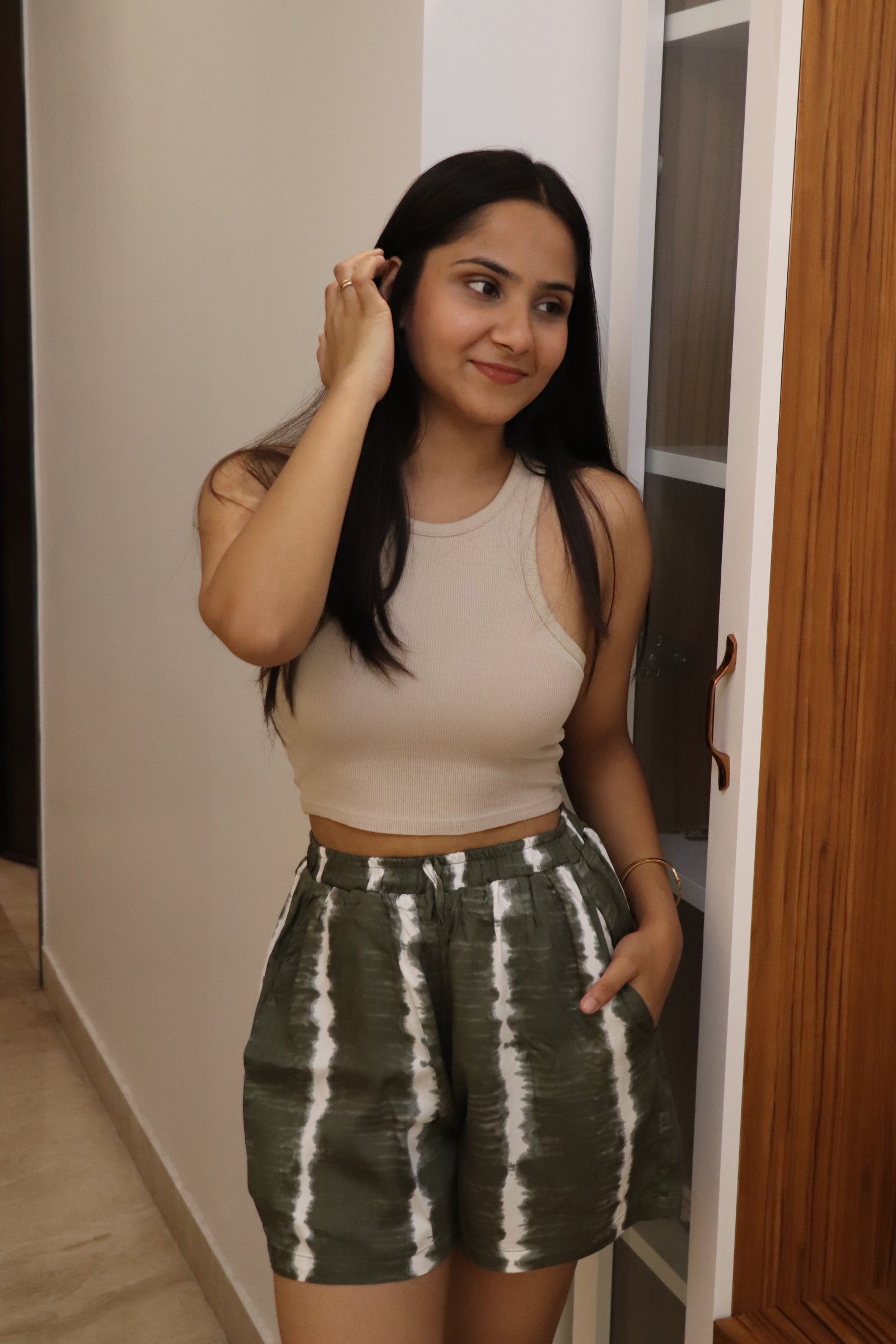 Green White Stripes Viscose Shorts