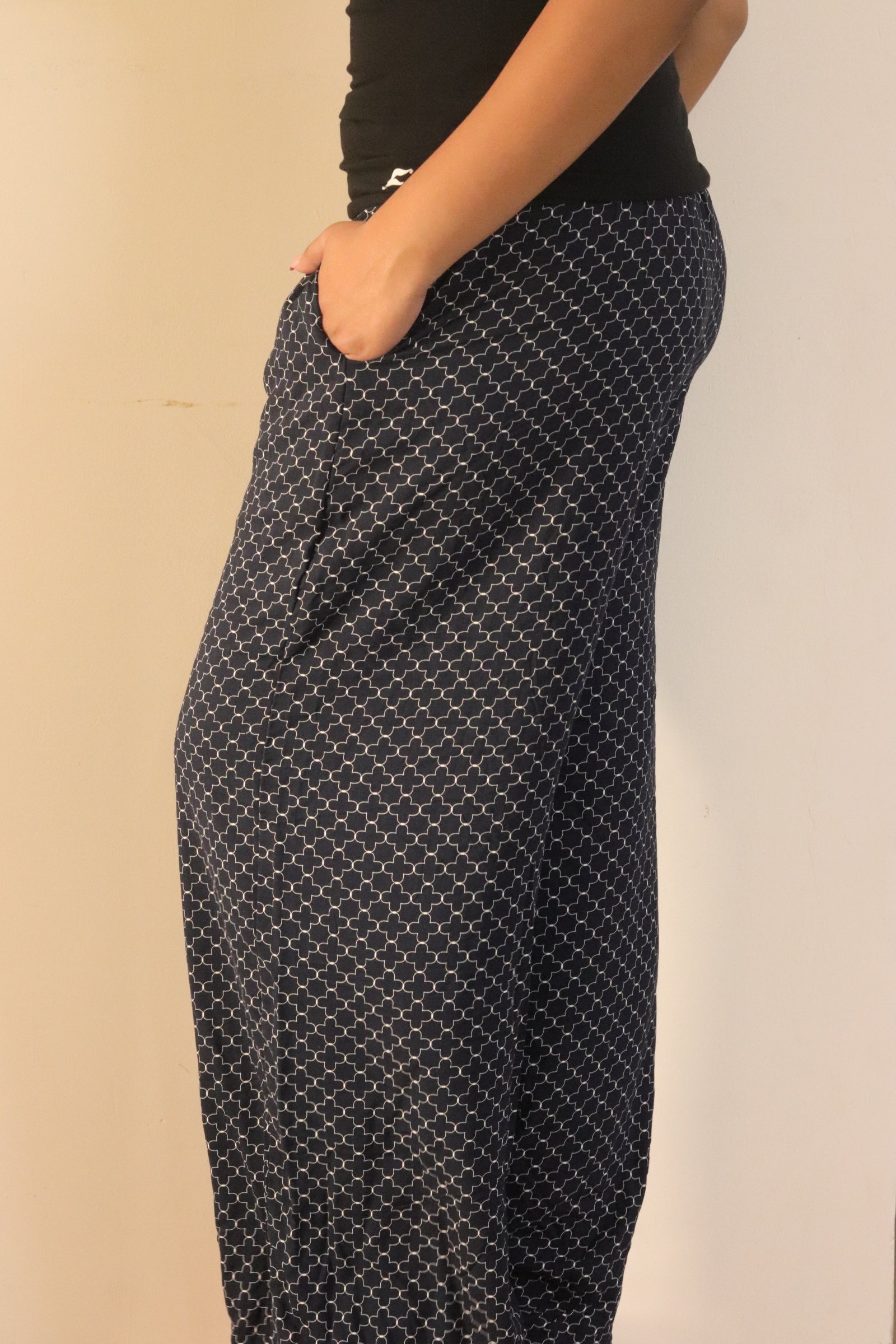 Women's Navy geometric printed pajama with elastic waistband and pockets – Scoop Up
