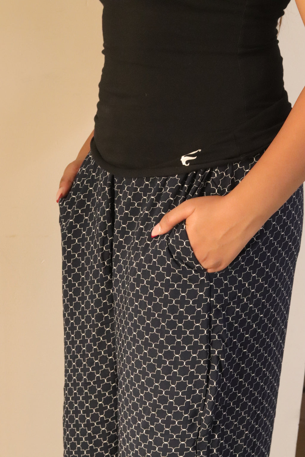 Women's Navy geometric printed pajama with elastic waistband and pockets – Scoop Up
