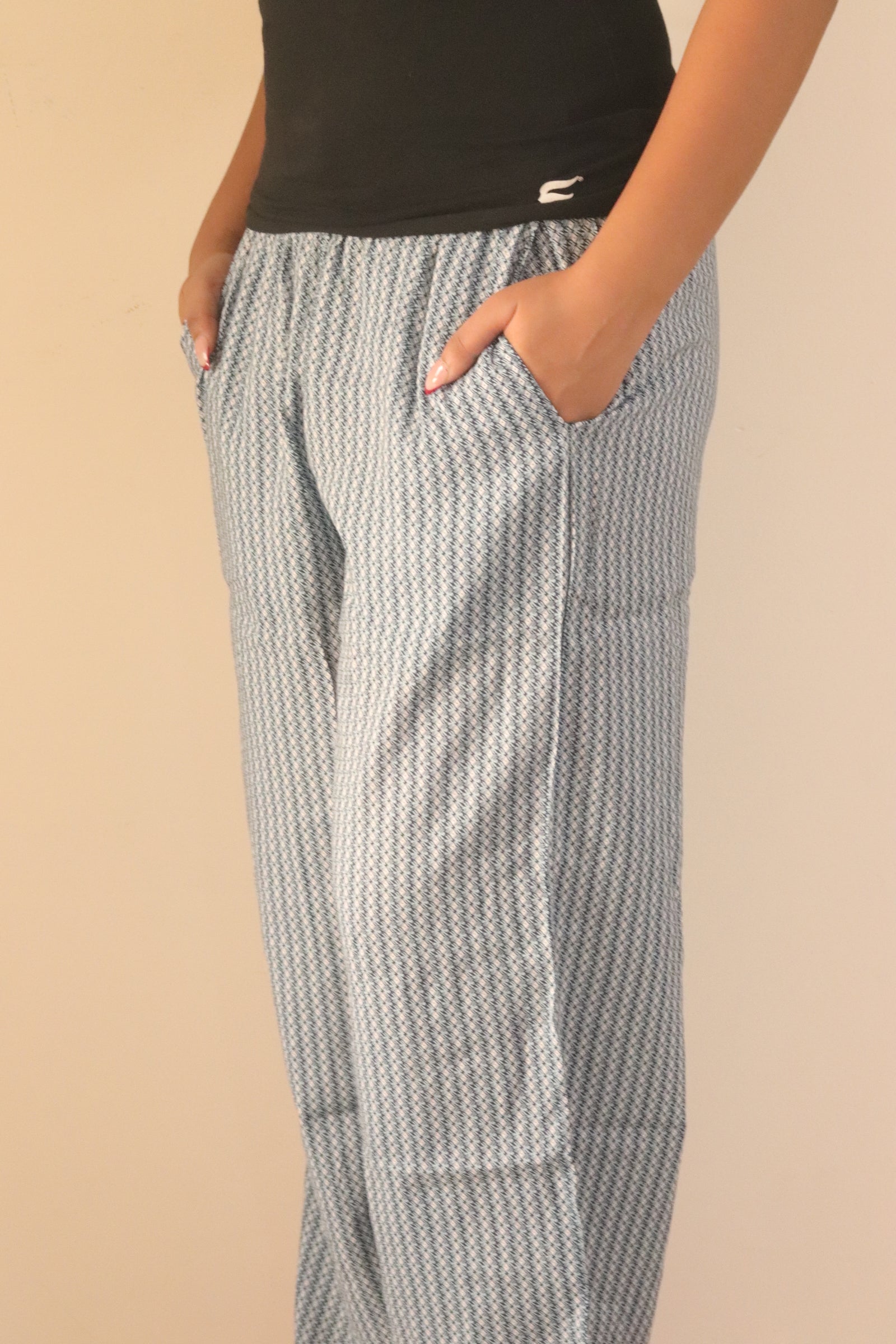 Women's Blue geometric printed pajama with elastic waistband and pockets – Scoop Up