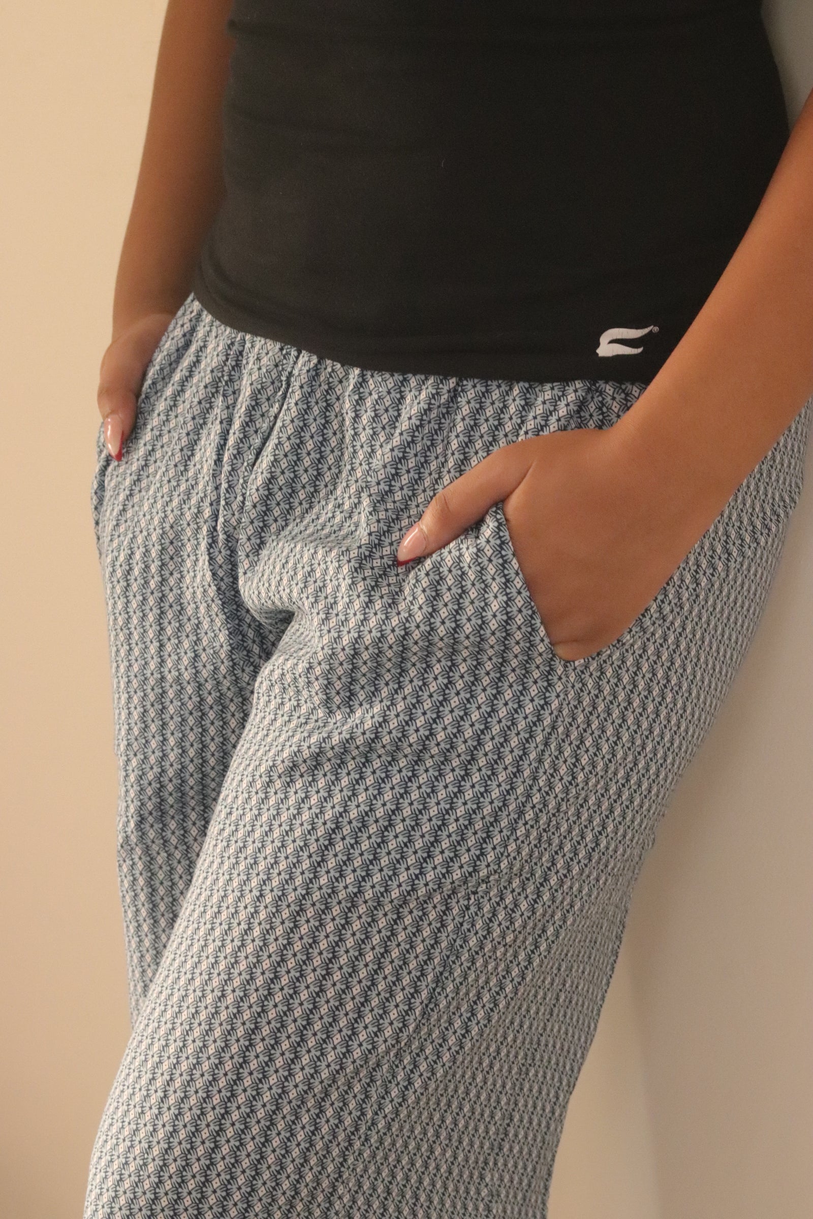 Women's Blue geometric printed pajama with elastic waistband and pockets – Scoop Up