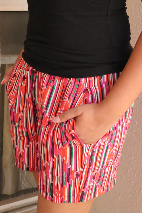 Women's Multi-color printed shorts with elastic waistband and pockets – Scoop Up